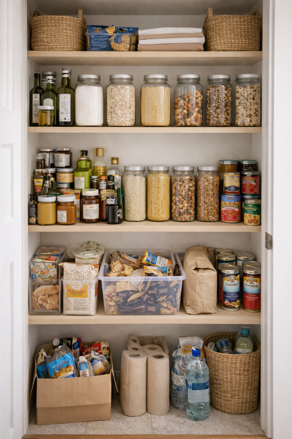Pantry closet with shelves filled with jars of pasta, canned goods, bottles, and boxes, along with baskets, paper towels, and miscellaneous food items.