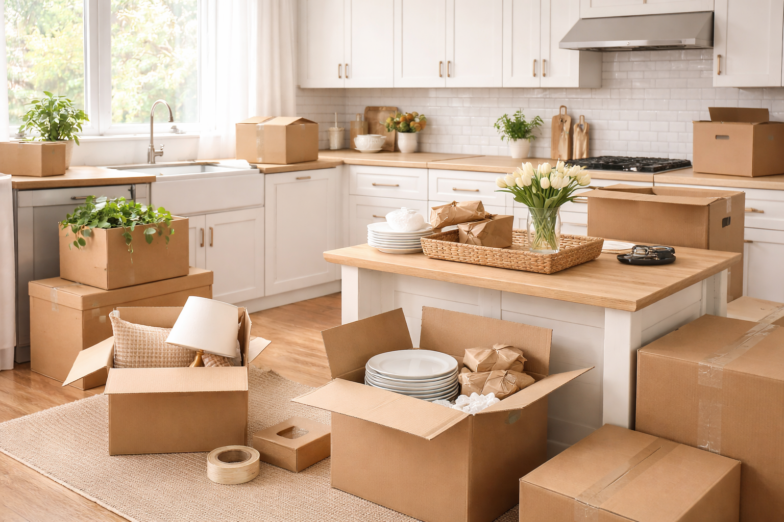 A kitchen filled with moving boxes, a table with dishes and flowers, and various packing materials.