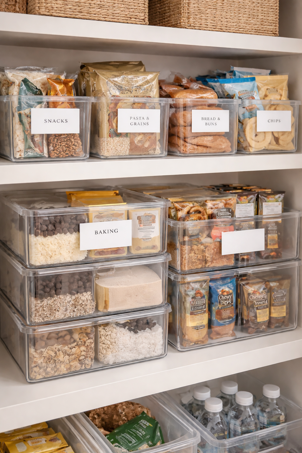 Pantry shelf with organized clear storage bins labeled 'Snacks', 'Pasta & Grains', 'Bread & Buns', 'Chips', and 'Baking', containing various packaged food items.