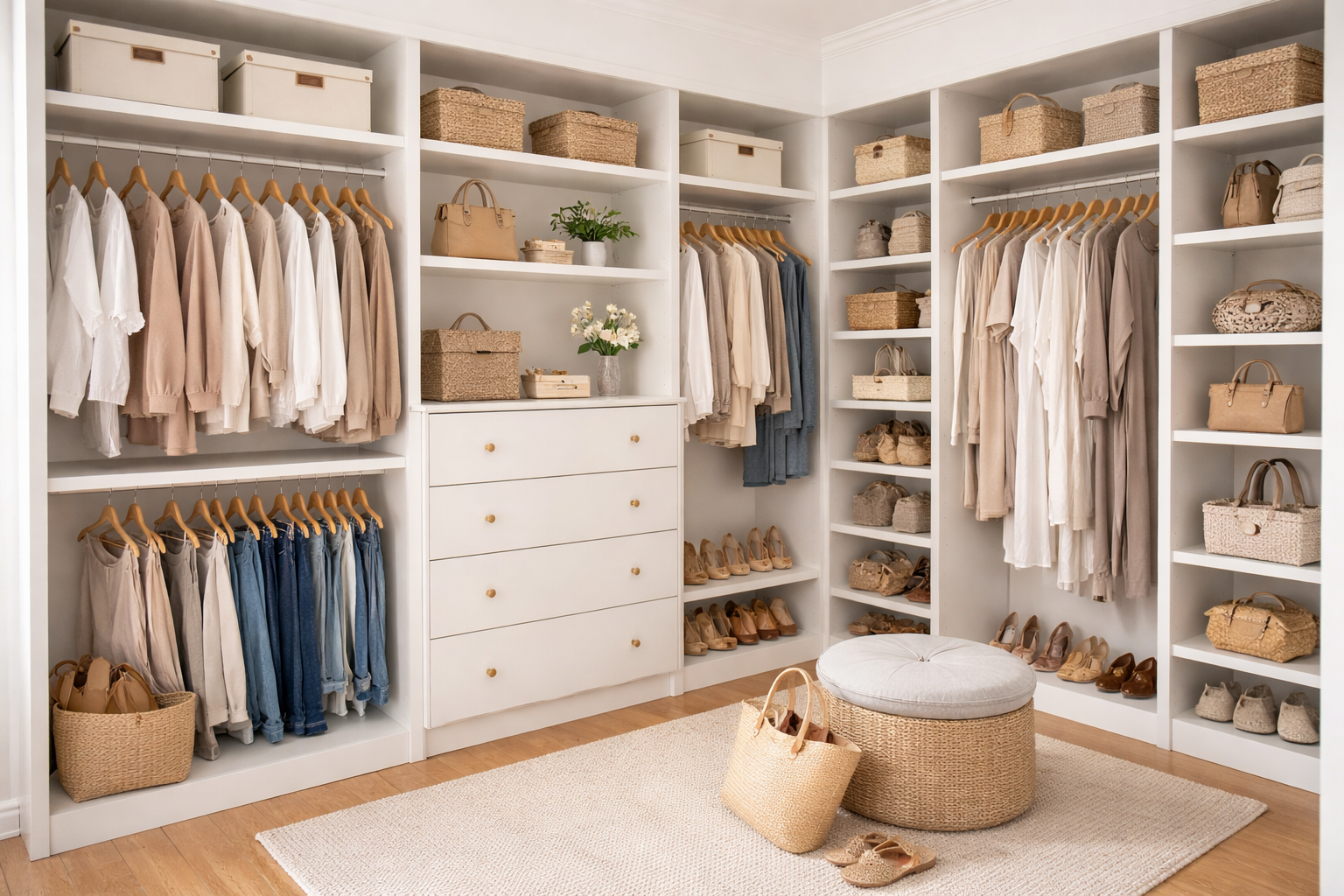 A walk-in closet with organized white shelving units filled with clothing, shoes, and handbags, a round cushioned ottoman, and a woven basket on a light-colored rug.