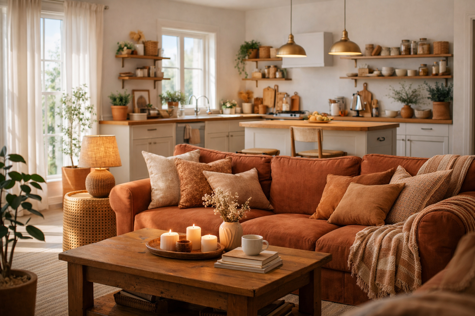 Cozy living room with a burnt orange sofa and multiple cushions, a wooden coffee table with candles and a mug, and a background kitchen with open shelves, plants, and natural light.