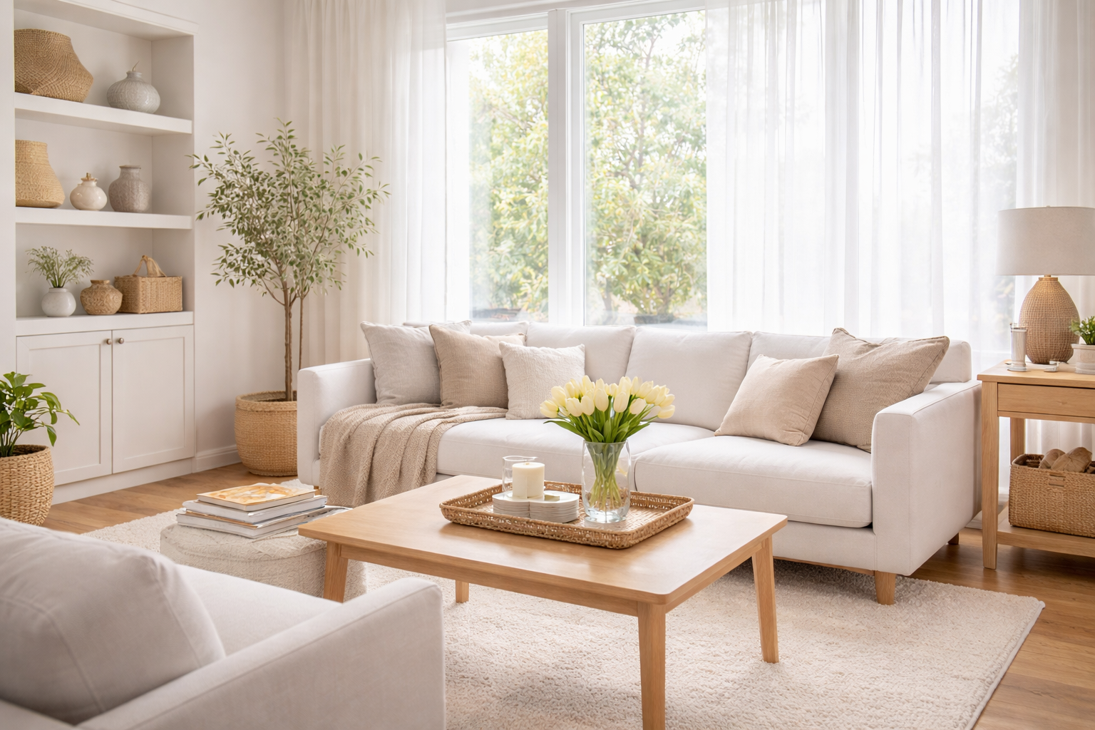 A bright and airy living room with white furniture, beige and cream cushions, a wooden coffee table with a glass vase of yellow tulips, and decorative items like candles and stacked books. Large windows with sheer curtains let in natural light, and there are potted plants and a shelving unit with woven baskets and ceramic vases.