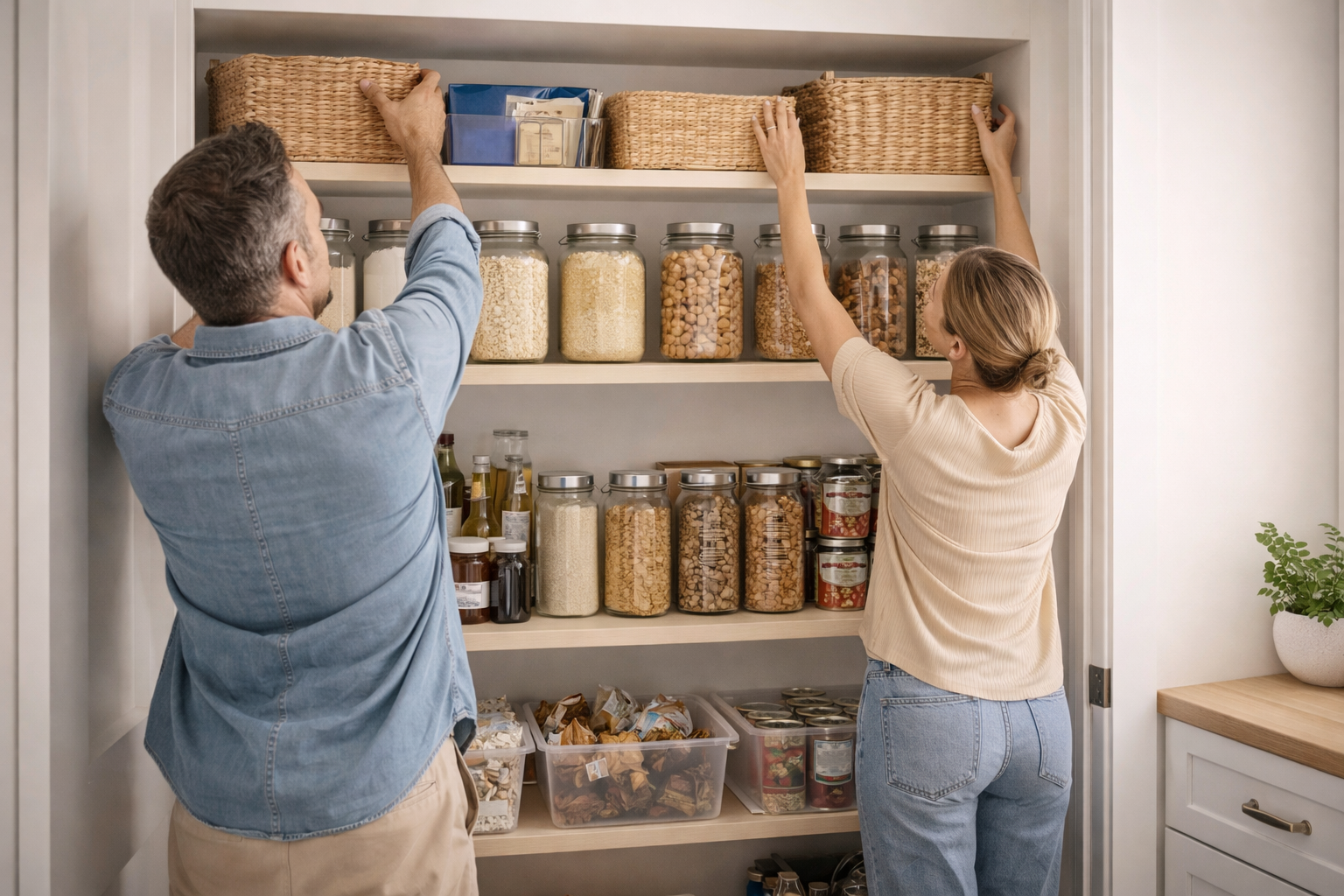 A man and a woman organizing pantry shelves filled with jars, baskets, and canned goods.