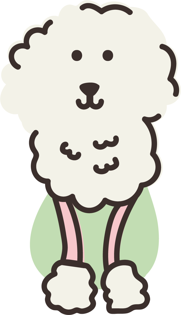 Cartoon illustration of a small fluffy white dog with a green harness.