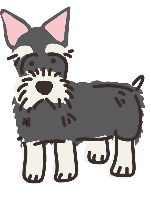 Cartoon illustration of a cute dog with gray and white fur, pink ears, and a beard.