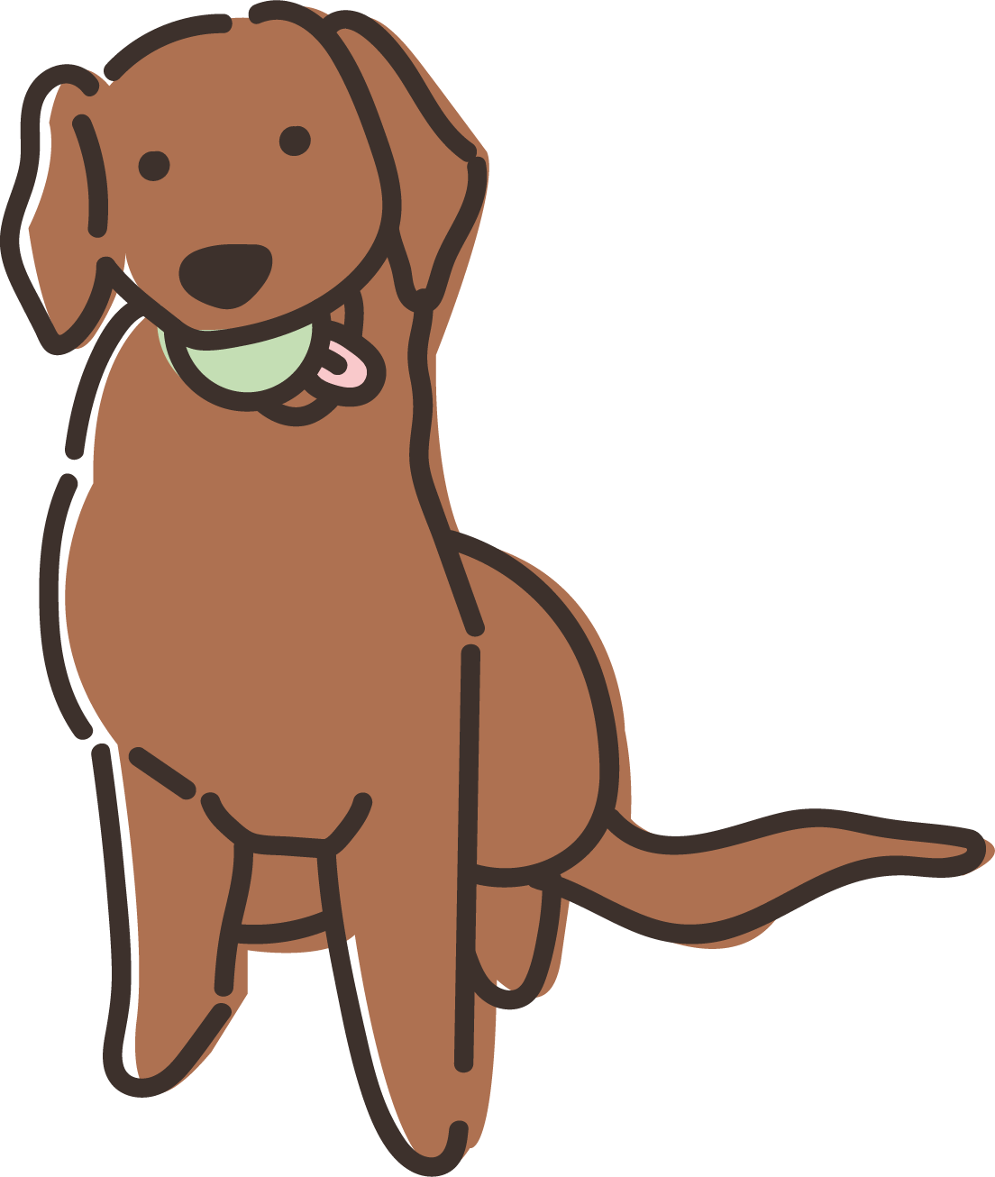 Cartoon illustration of a brown dog with long ears, sitting and smiling, wearing a green collar with a pink tag.