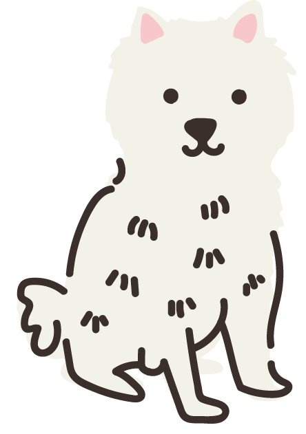 Cute cartoon illustration of a white fluffy dog sitting with black eyes and nose, pink ears, and black markings on its chest and legs.