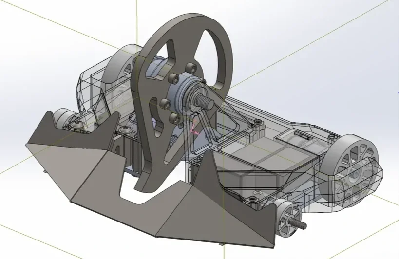 A computer-aided design (CAD) illustration of a remote-controlled car showcasing the internal mechanical components, including the steering wheel, chassis, and wheels.