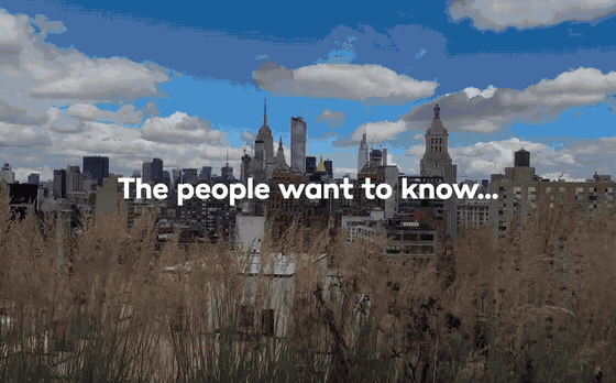 City skyline with tall buildings under a partly cloudy sky, with text reading 'The people want to know...'.