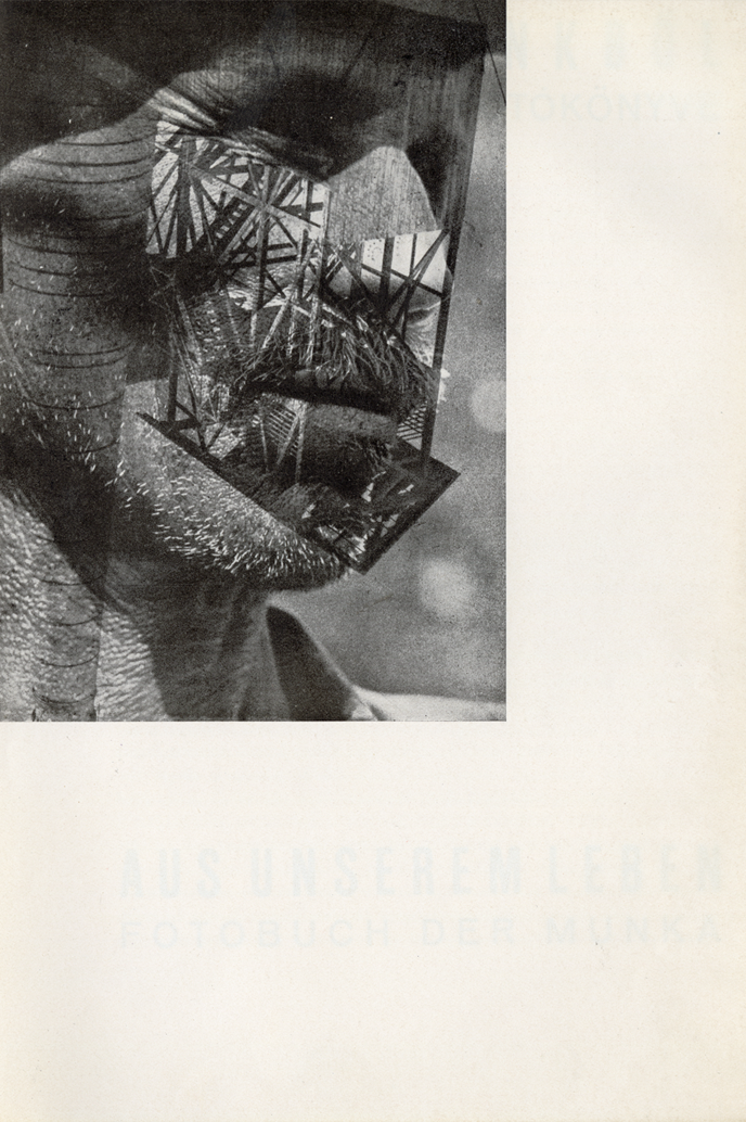 Black-and-white photomontage of a worker’s head and construction scaffolding.