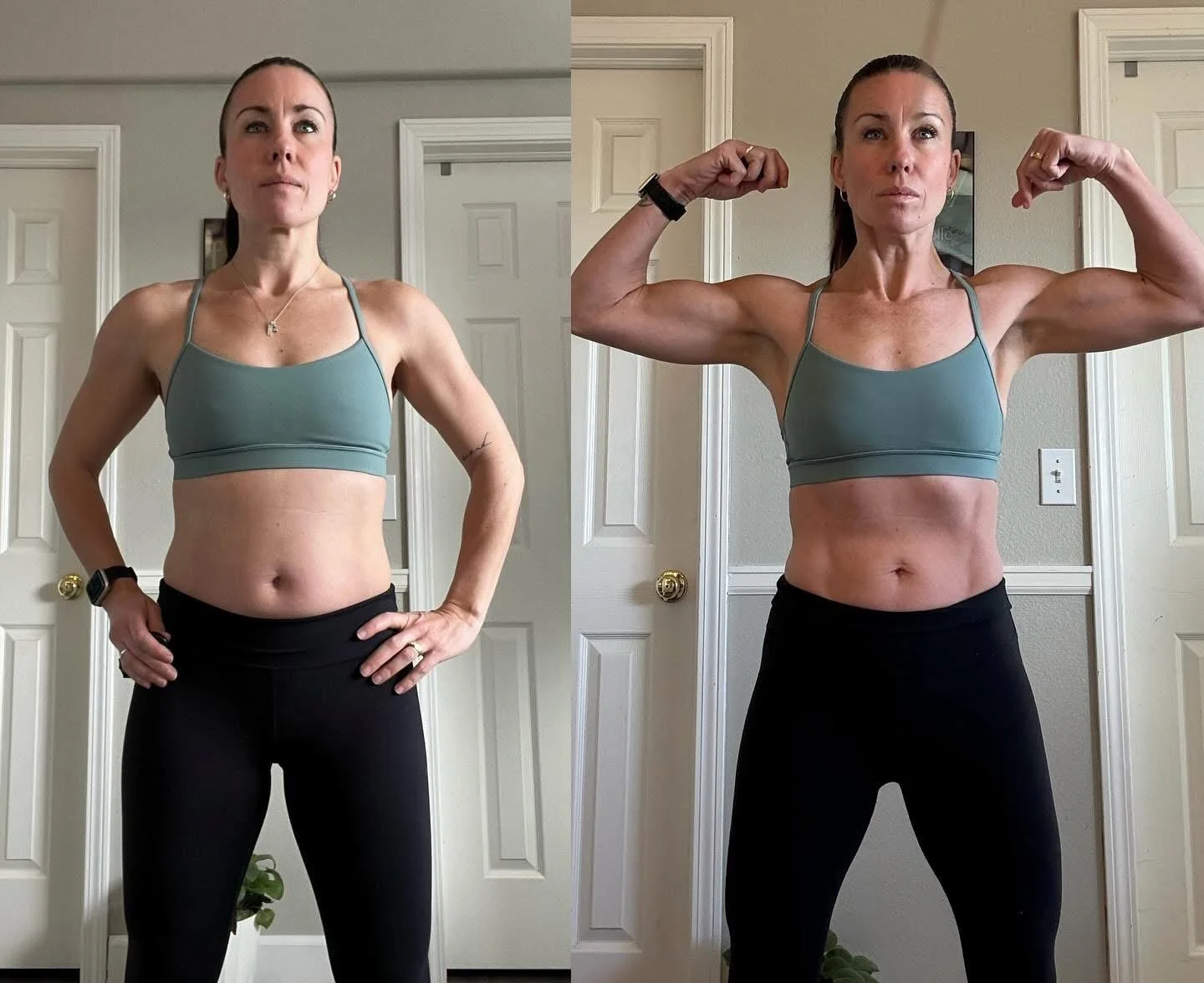 Comparison photo of a woman before and after fitness transformation, showing increased muscle definition and confidence.