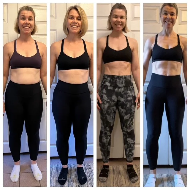 Progressive photos of a woman demonstrating physical transformation over time, from a less toned state to a more athletic physique, in different workout outfits.