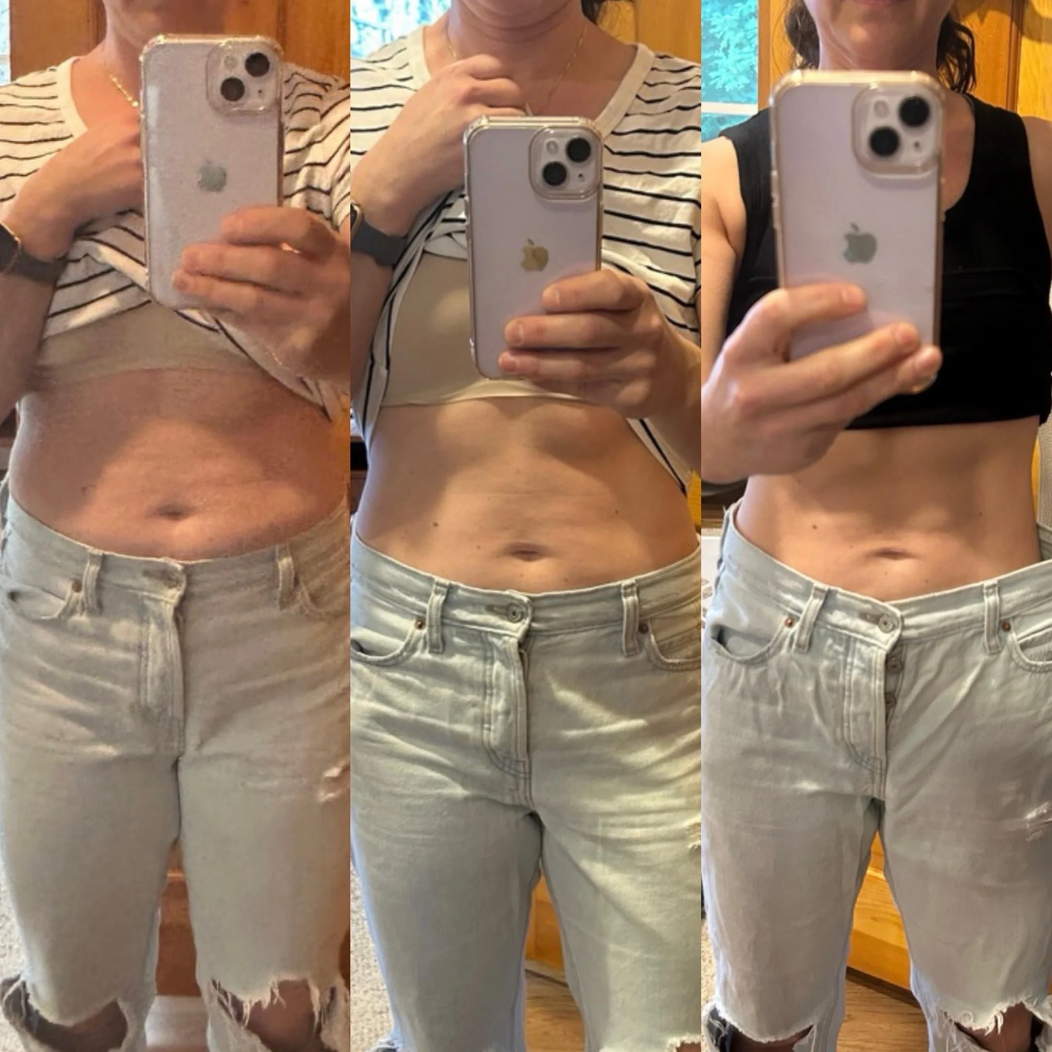 Three women taking mirror selfies showing their midsection and legs, dressed in casual tops and ripped jeans, in what appears to be a home or dressing room.