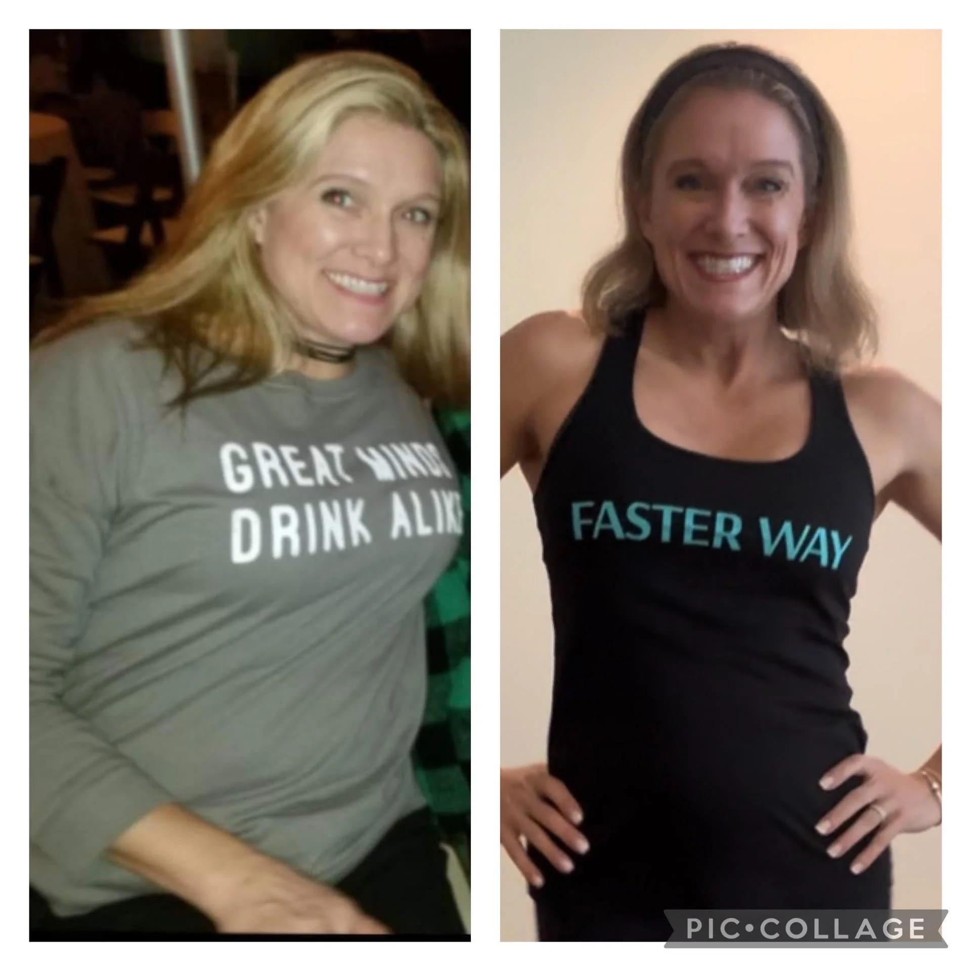 Side-by-side comparison of two women, the first with long blond hair wearing a gray shirt with white text, and the second with shoulder-length blonde hair wearing a black sleeveless top with blue and green text. Both are smiling and have their hands on their hips.
