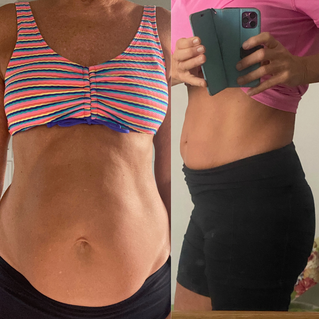 Comparison of a woman's torso before and after fitness progress, showing reduced abdominal size, with the left side showing a colorful striped sports bra and the right side showing a pink top and black shorts while taking a mirror selfie.