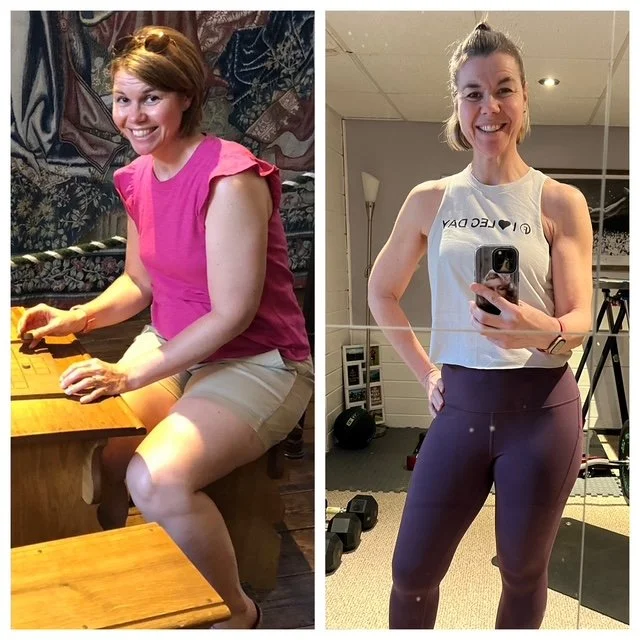 Side-by-side comparison of a woman before and after fitness transformation. In the first image, she is sitting at a wooden table, wearing a pink top and beige shorts, smiling at the camera. In the second image, she is taking a mirror selfie, dressed in a white tank top and dark leggings, showing a toned physique.