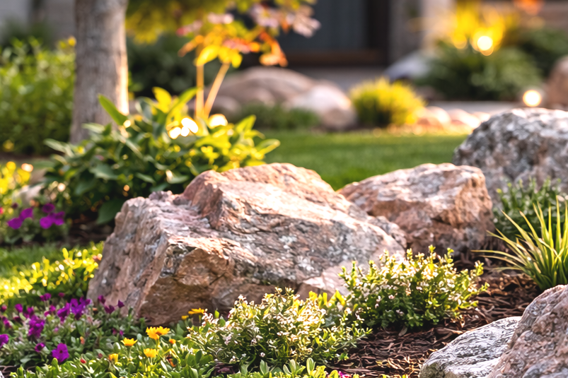 A garden with large rocks, colorful flowers, and green plants, illuminated by warm sunlight in the evening.