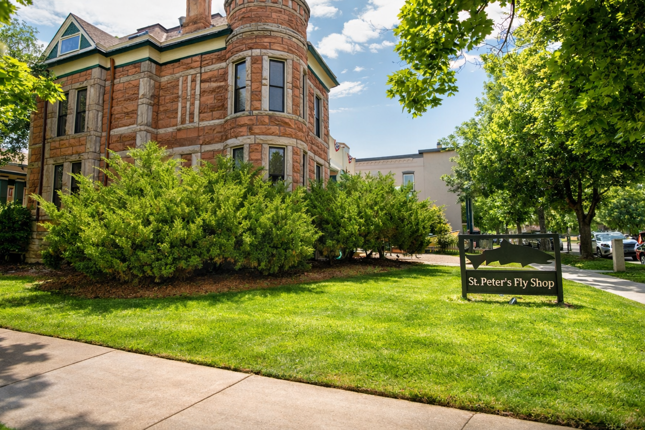 A brick townhouse with multiple windows, surrounded by green bushes and trees, with a sign that reads 'St. Peter's Fly Shop' near a sidewalk and street with parked cars.