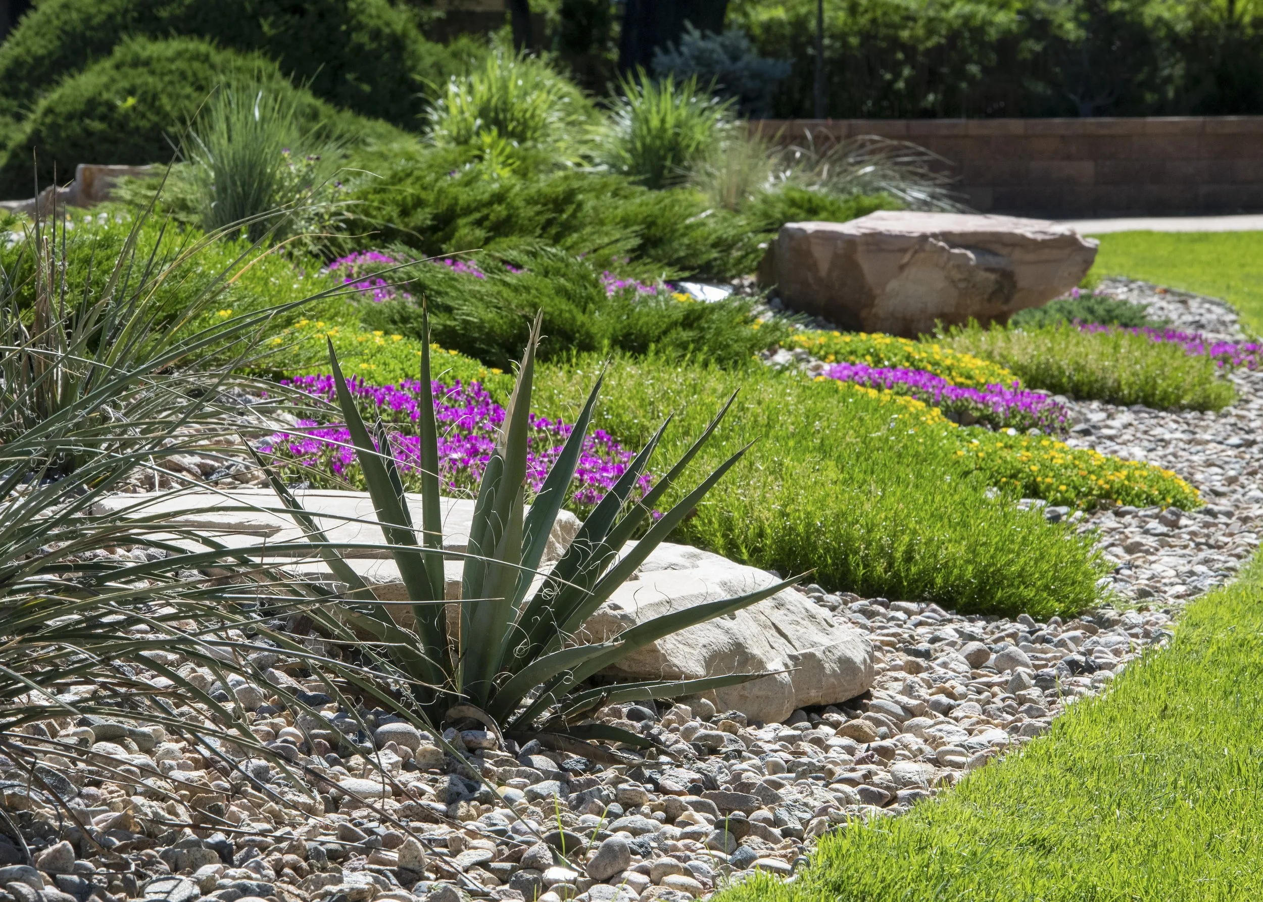 A well-maintained garden with green grass, colorful flowers, rocks, and various plants under sunlight.