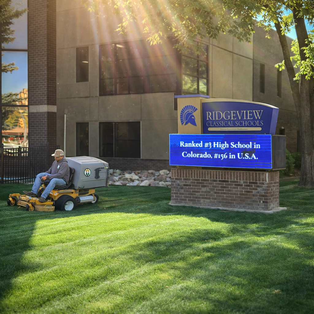 A man wearing a gray hoodie and beige cap sits on a riding lawn mower in front of a school sign that reads 'Ridgeview Classical Schools' and an electronic display stating 'Ranked #3 High School in Colorado, #156 in U.S.A.' The school building and trees are visible in the background with sunlight filtering through the leaves.