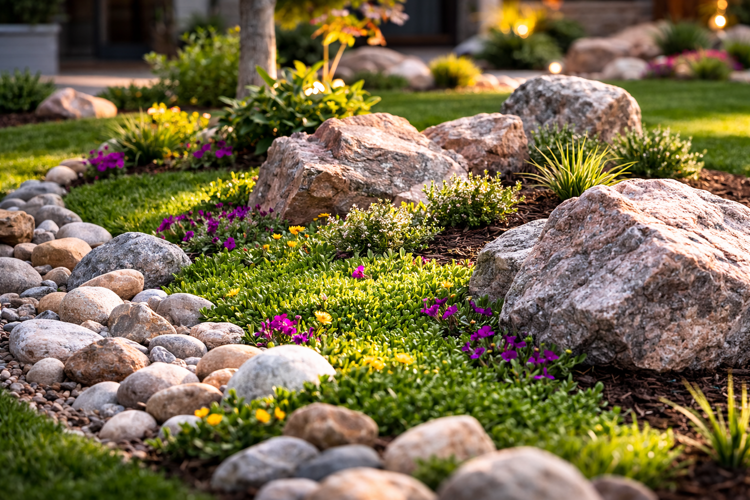 A landscaped garden with large rocks, colorful flowers, and green foliage, illuminated by warm sunlight in the evening.