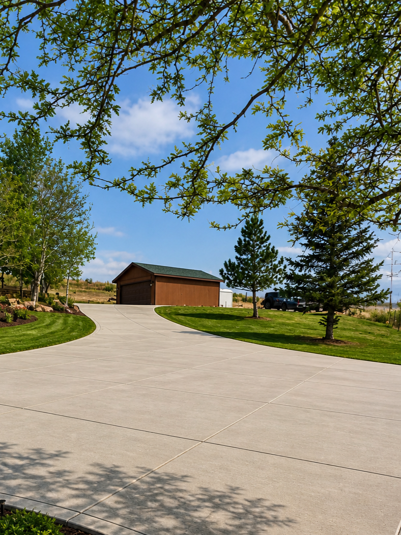 View of a curved concrete driveway leading to a brown garage with a green roof, surrounded by green grass, trees, and a blue sky with clouds.