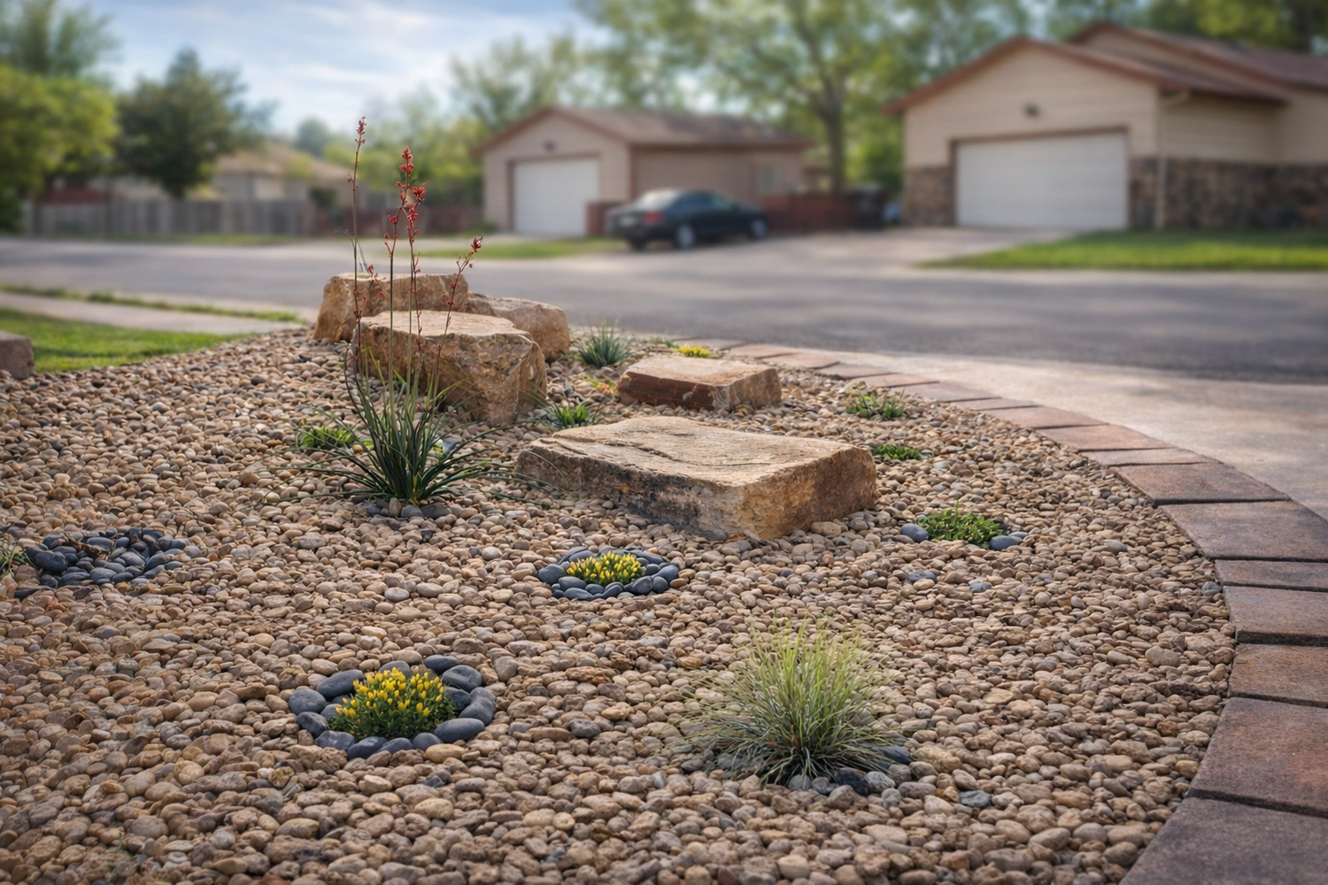 Residential front yard with a decorative gravel garden, large rocks, small plants, and a curved brick border, with two houses and a street in the background.