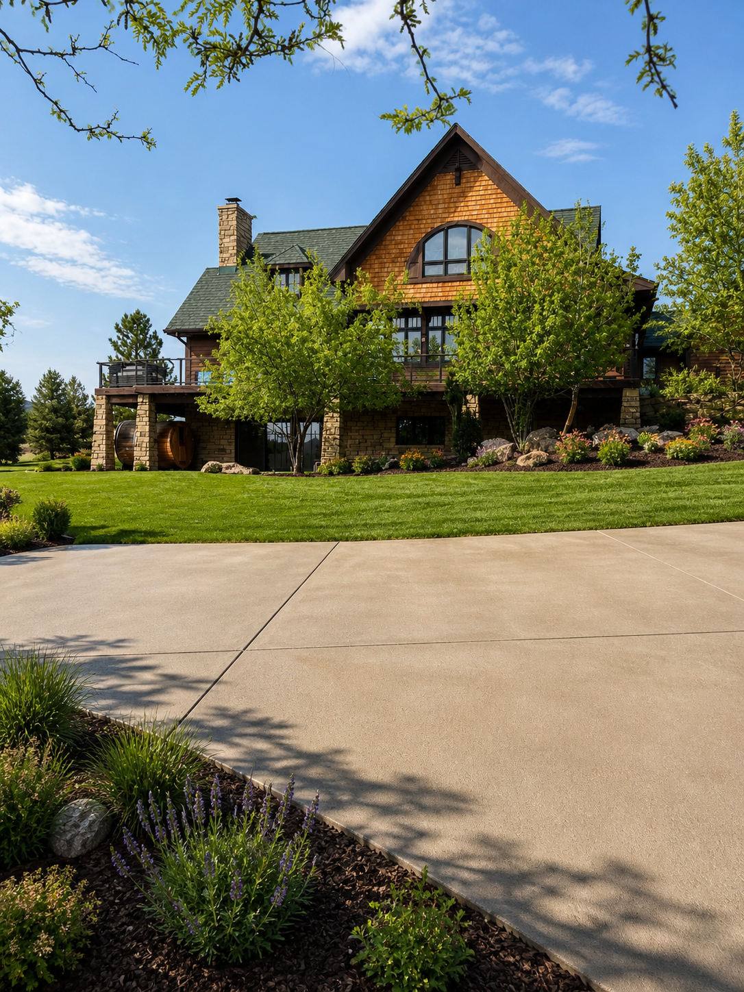 A large house with a stone and wood exterior, multiple windows, and a green roof, surrounded by well-maintained landscaping, trees, and a driveway under a partly cloudy sky.