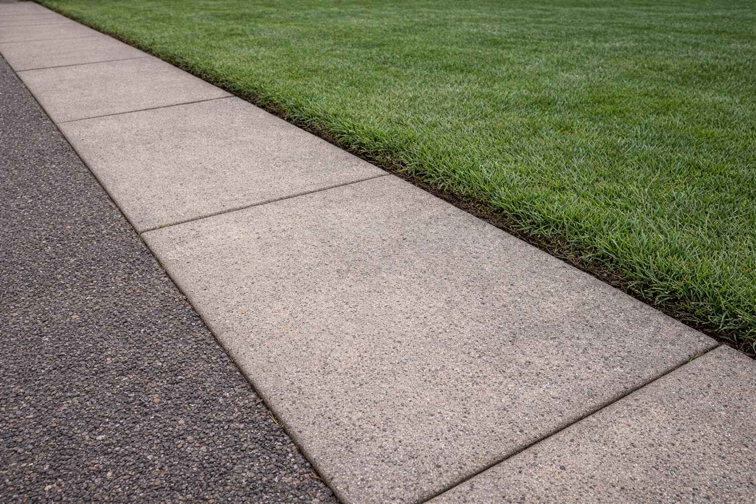 Sidewalk with concrete slabs next to grass and asphalt path.