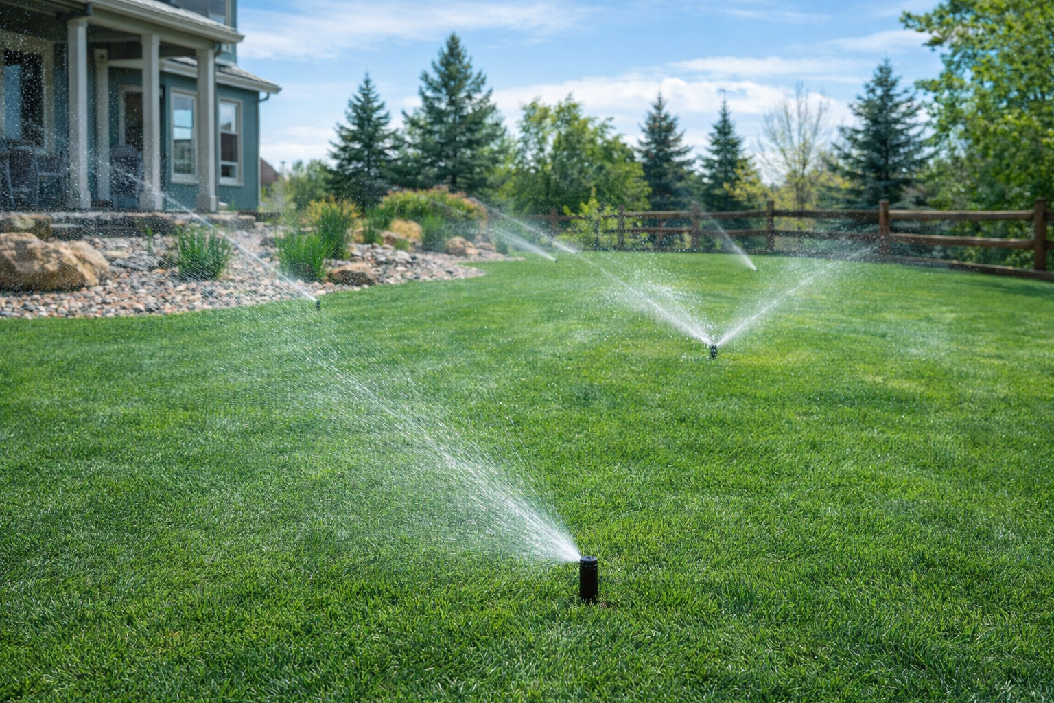 Green backyard lawn with multiple sprinklers watering the grass on a sunny day, a house with a porch on the left and trees in the background.
