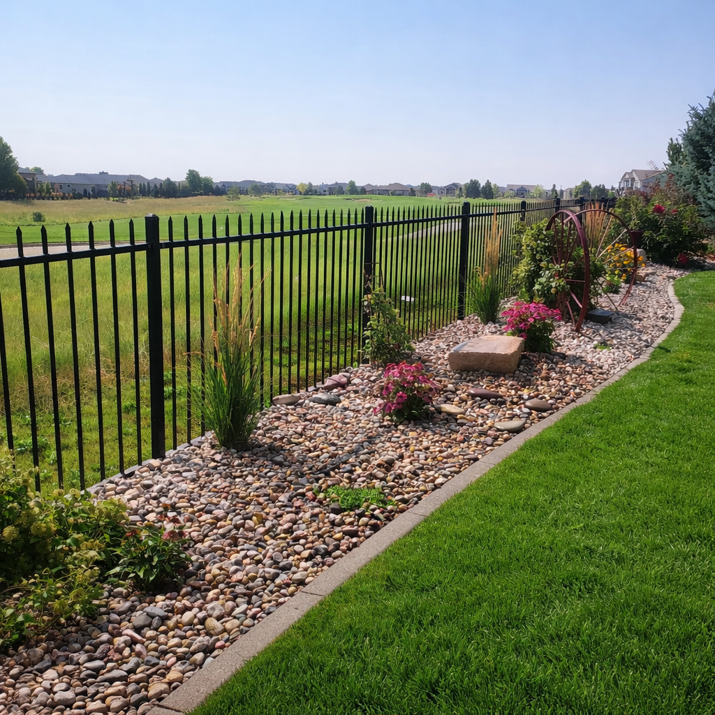 A landscaped garden bed with colorful flowers and ornamental plants, bordered by a curved concrete edge, rocks, and a black metal fence overlooking a green field and neighborhood houses in the distance.