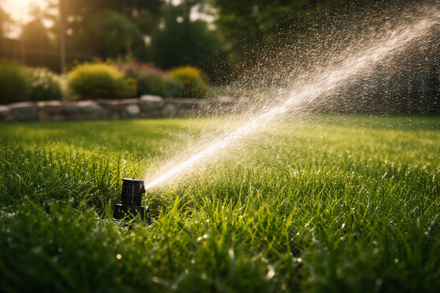 An outdoor lawn sprinkler spraying water over green grass at sunset.