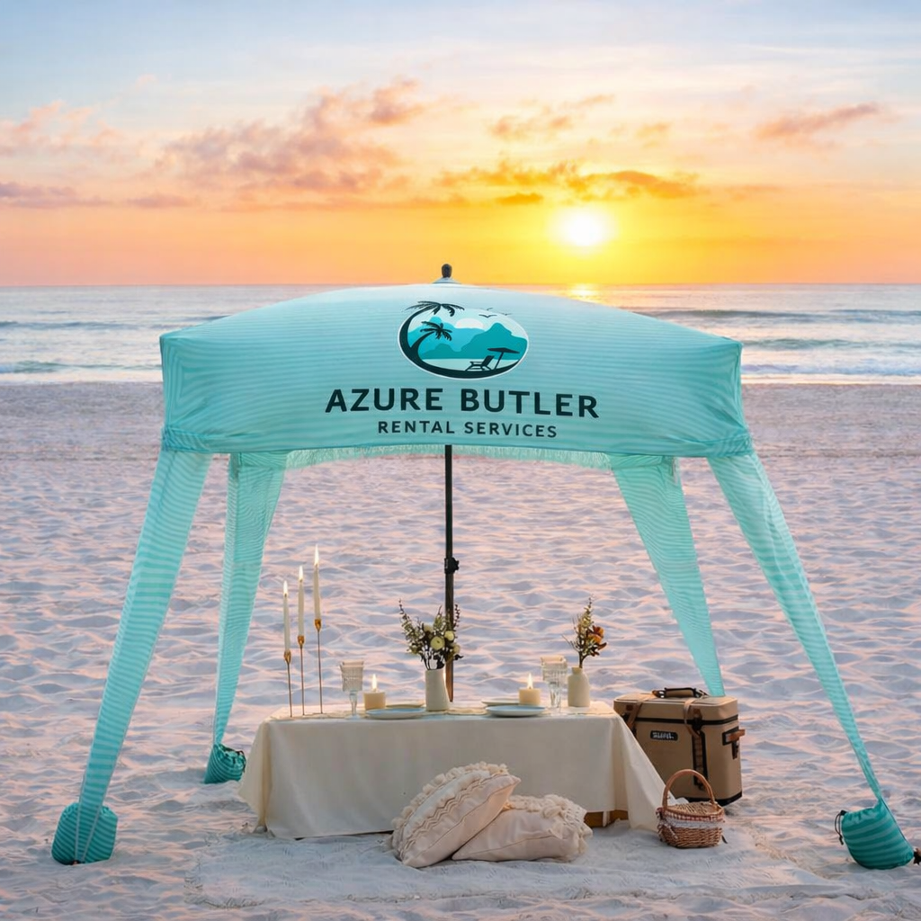 Beach setup with table and decorations under a canopy labeled 'Azure Butler Rental Services,' with a sunset background.