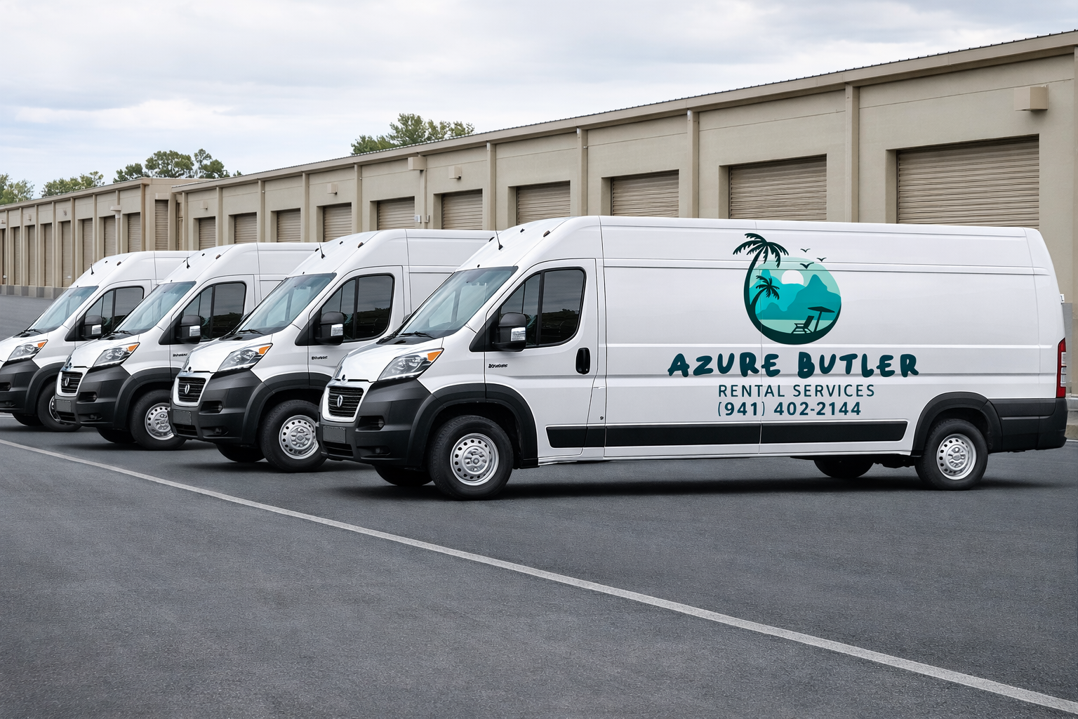 Rental service vans parked in a lot with a building in the background. The van in the front has branding for Azure Butler Rental Services with a logo featuring a tropical island scene and contact information.