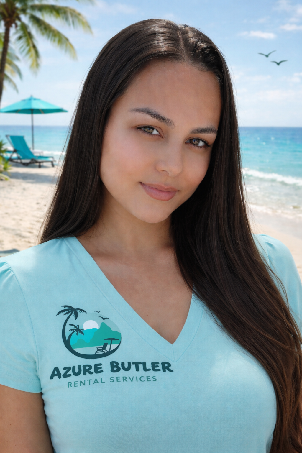 A woman with long dark hair standing on a beach, wearing a light blue shirt with the logo 'Azure Butler Rental Services,' with palm trees, lounge chairs, and the ocean in the background.