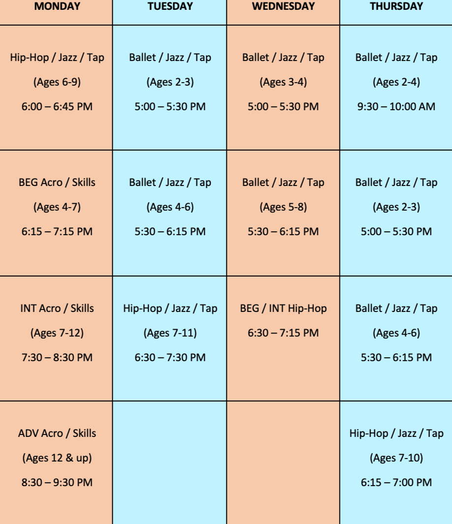 Weekly dance class schedule with classes for various age groups, including Hip-Hop, Jazz, Tap, Ballet, and Contemporary, across Monday to Thursday with specific times.