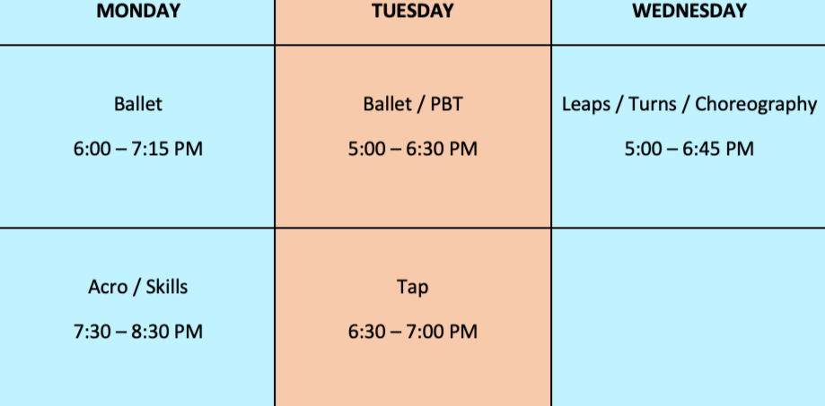Weekly dance class schedule with morning, afternoon, and evening classes on Monday, Tuesday, and Wednesday.