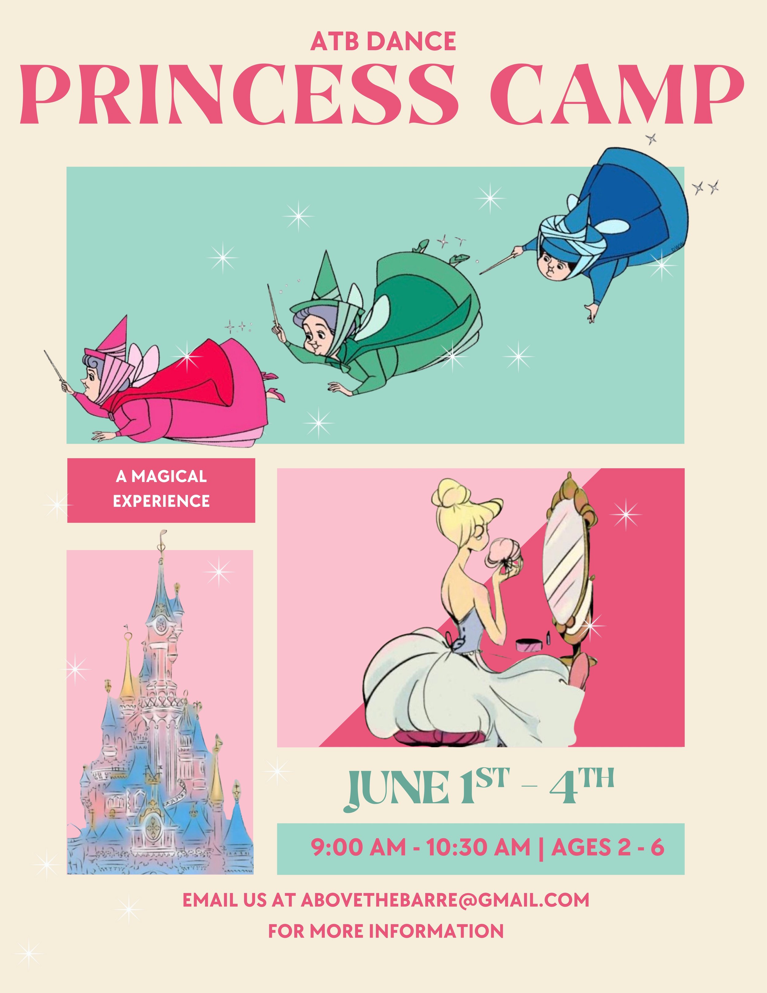 Flyer for ATB Dance Princess Camp featuring illustrations of three princesses on a castle and a young woman looking in a mirror, with details about the event dates, times, and contact email.