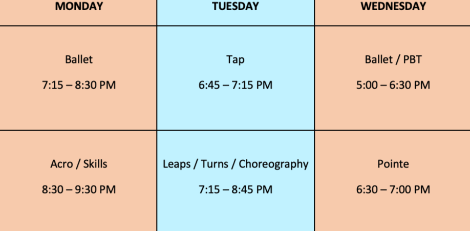 Weekly dance class schedule with different classes listed for Monday, Tuesday, and Wednesday, including times and class names.