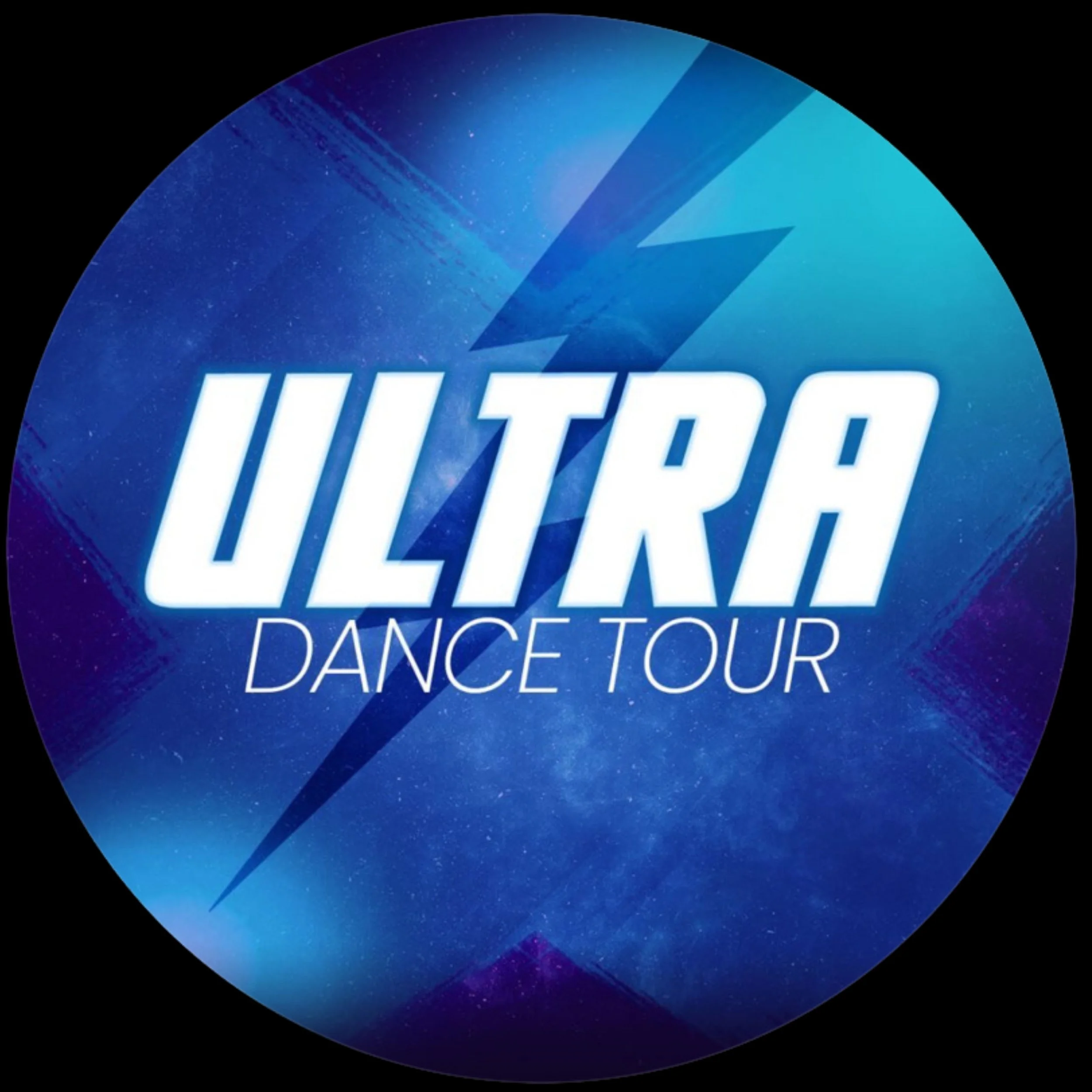 Graphic promoting Ultra dance tour with a lightning bolt and a space background in shades of blue.