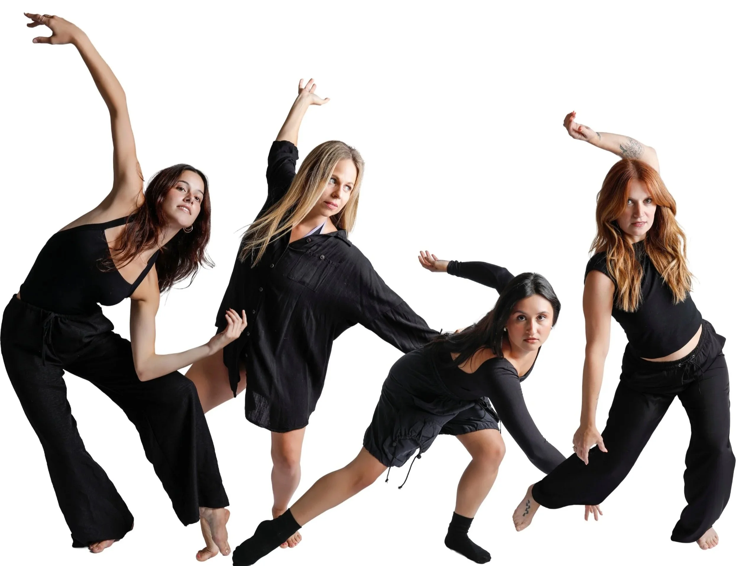 Four women dressed in black, performing dance poses against a plain white background.