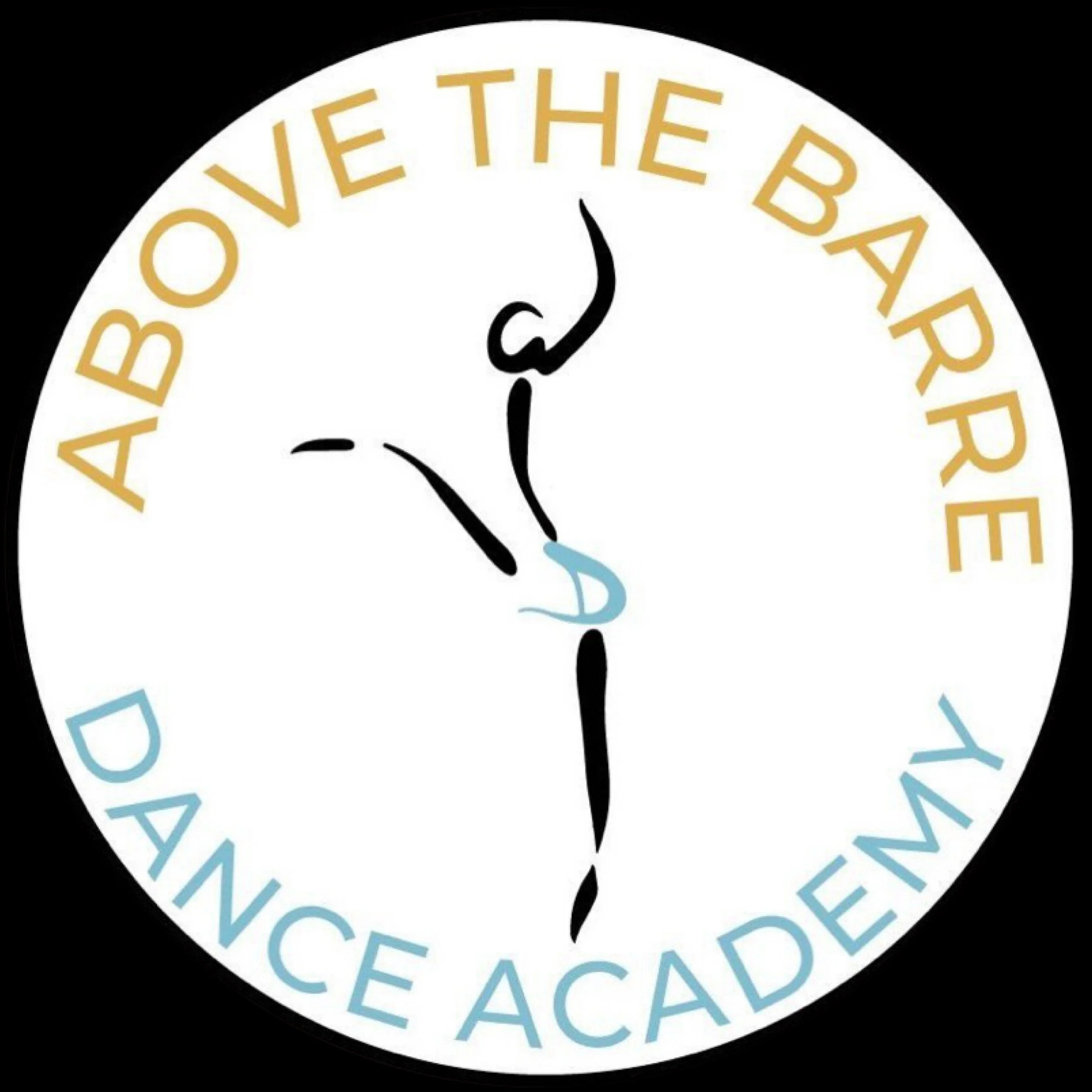 Clock face with hands approaching 12 o'clock, surrounded by text reading 'Abobe The Barre' at the top and 'Dance Academy' at the bottom in gold and blue colors.