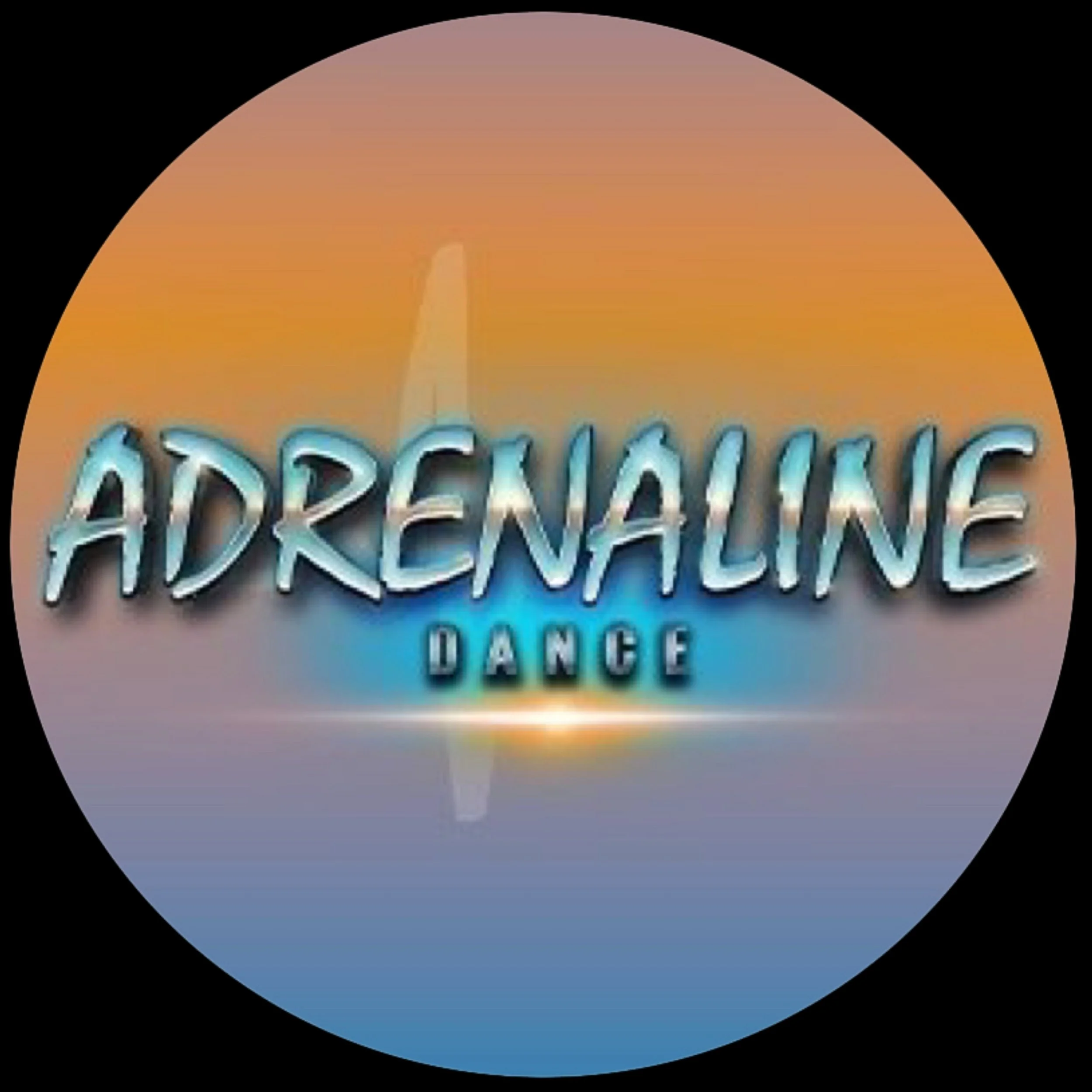 Logo for 'Adrenaline Dance' in stylized blue and black text, with a sunset or sunrise background and a subtle silhouette of a dolphin.