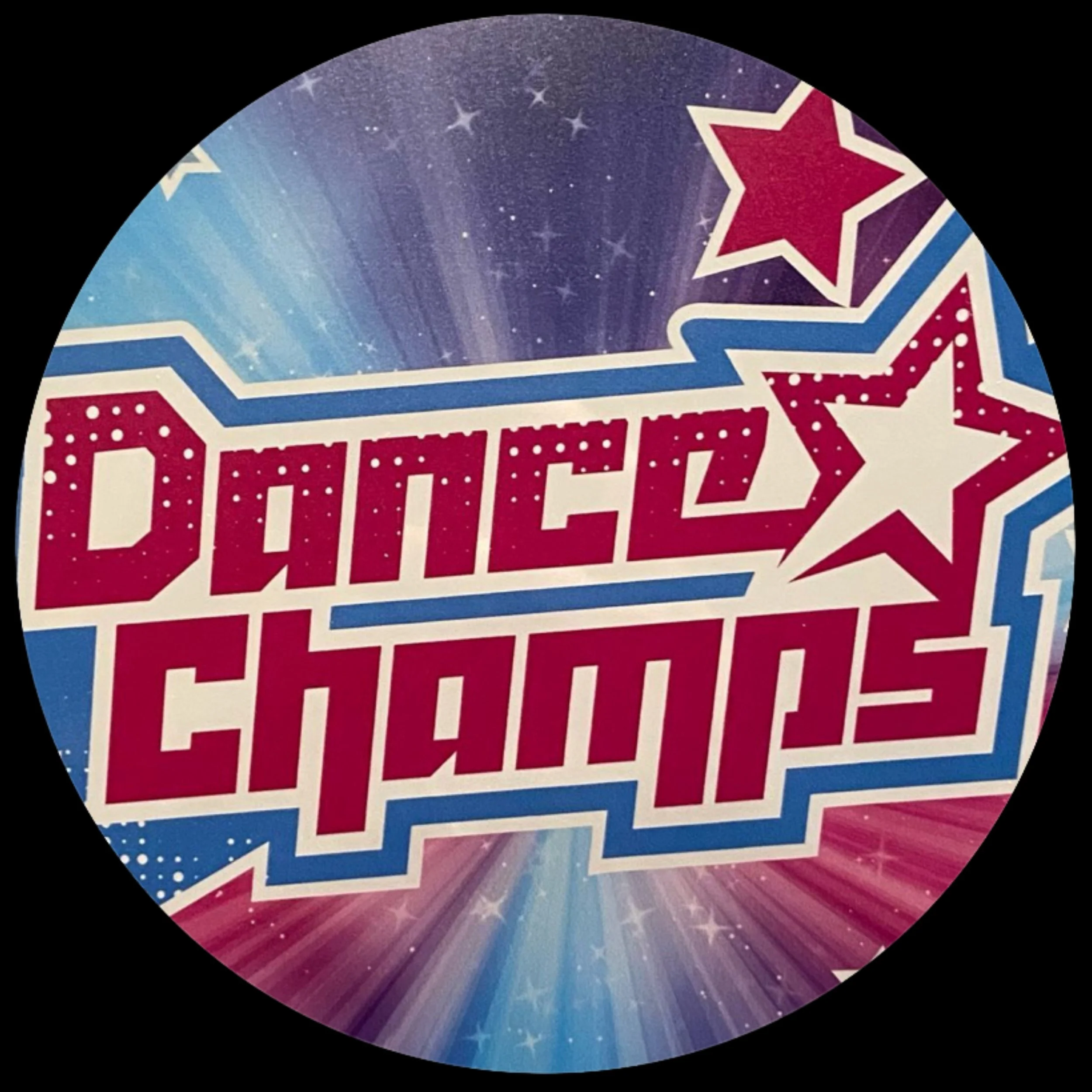 Colorful graphic with the words 'DANCE CHAMP' in bold pink and white font, surrounded by stars and vibrant starburst background.