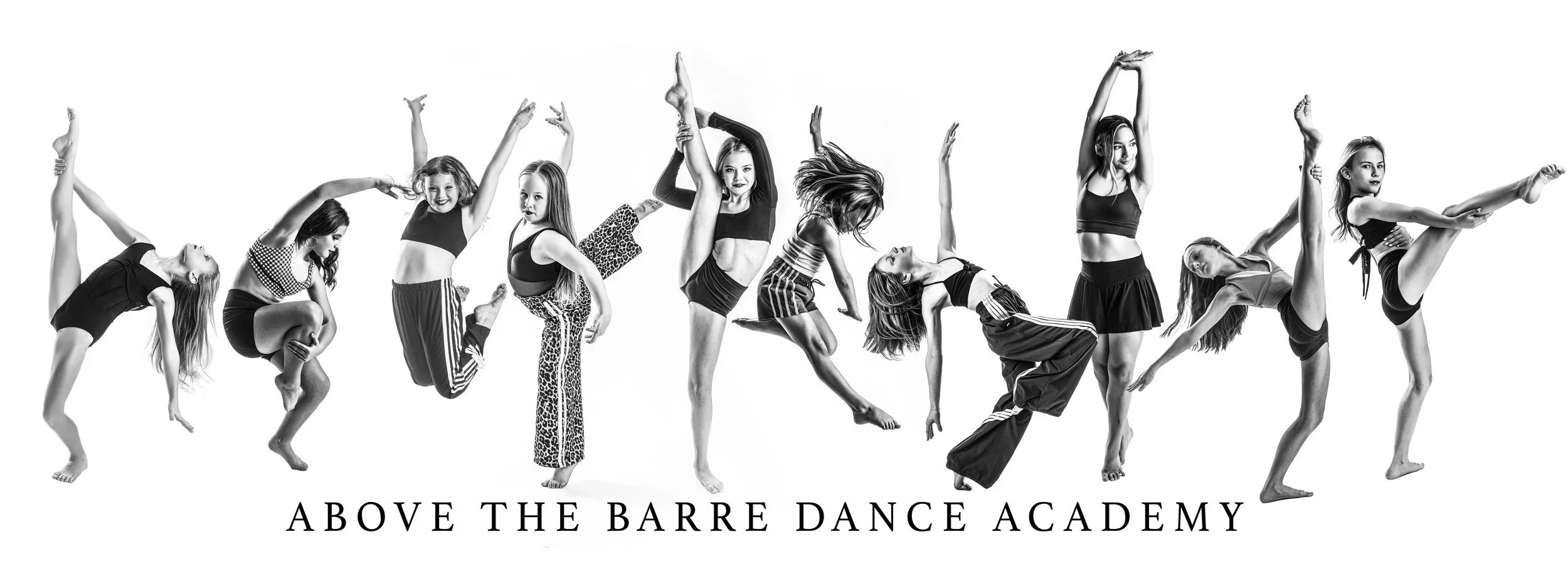 Black and white photo of young female dancers in various dance poses, with the text 'Above The Barre Dance Academy' at the bottom.