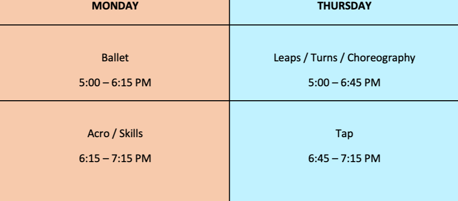 Weekly activity schedule with ballet and Acrobat Skills classes on Monday, and Leaps, Turns, Choreography, and Tap classes on Thursday, with respective times listed.