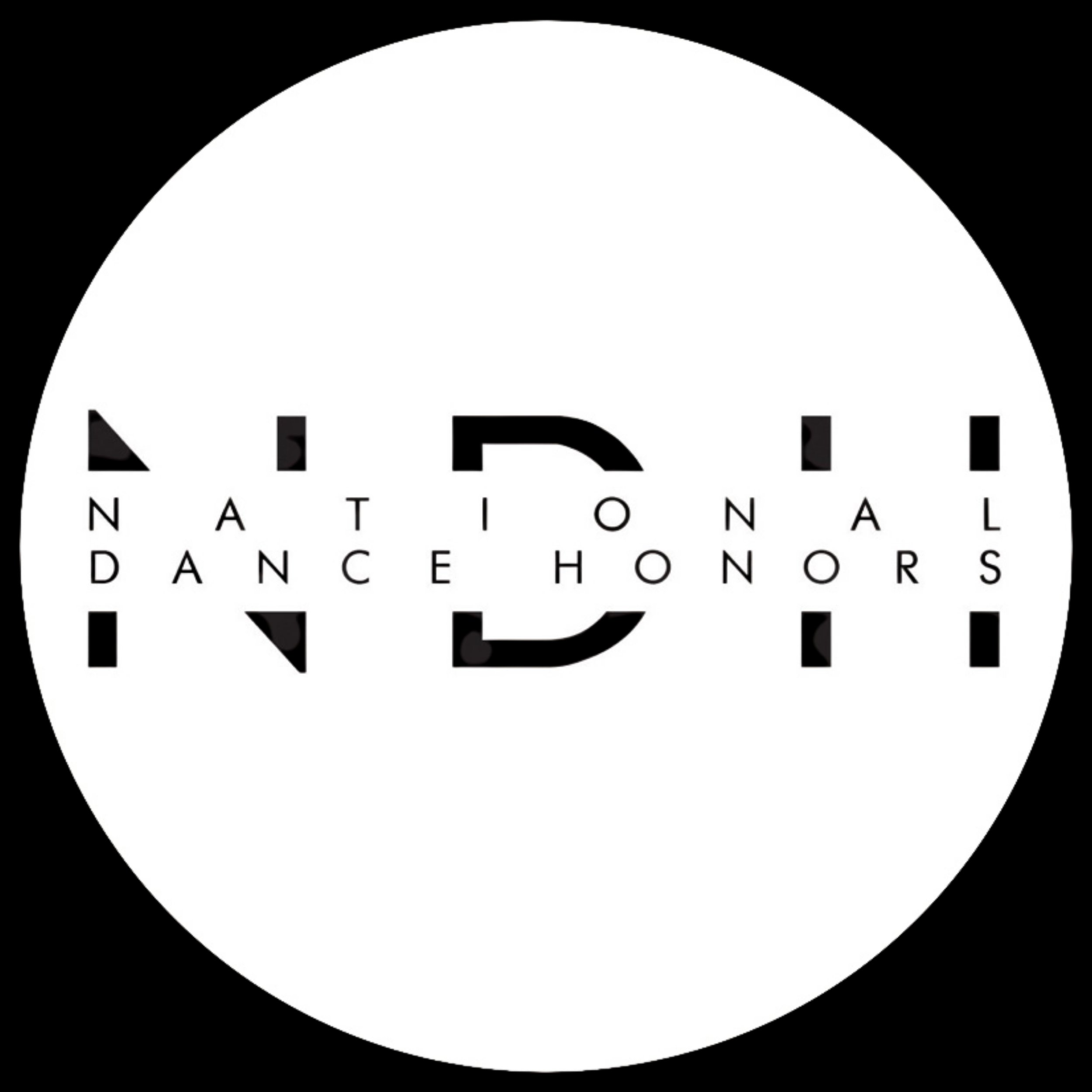Logo for the National Dance Honors with black text on a white background surrounded by a black circle.