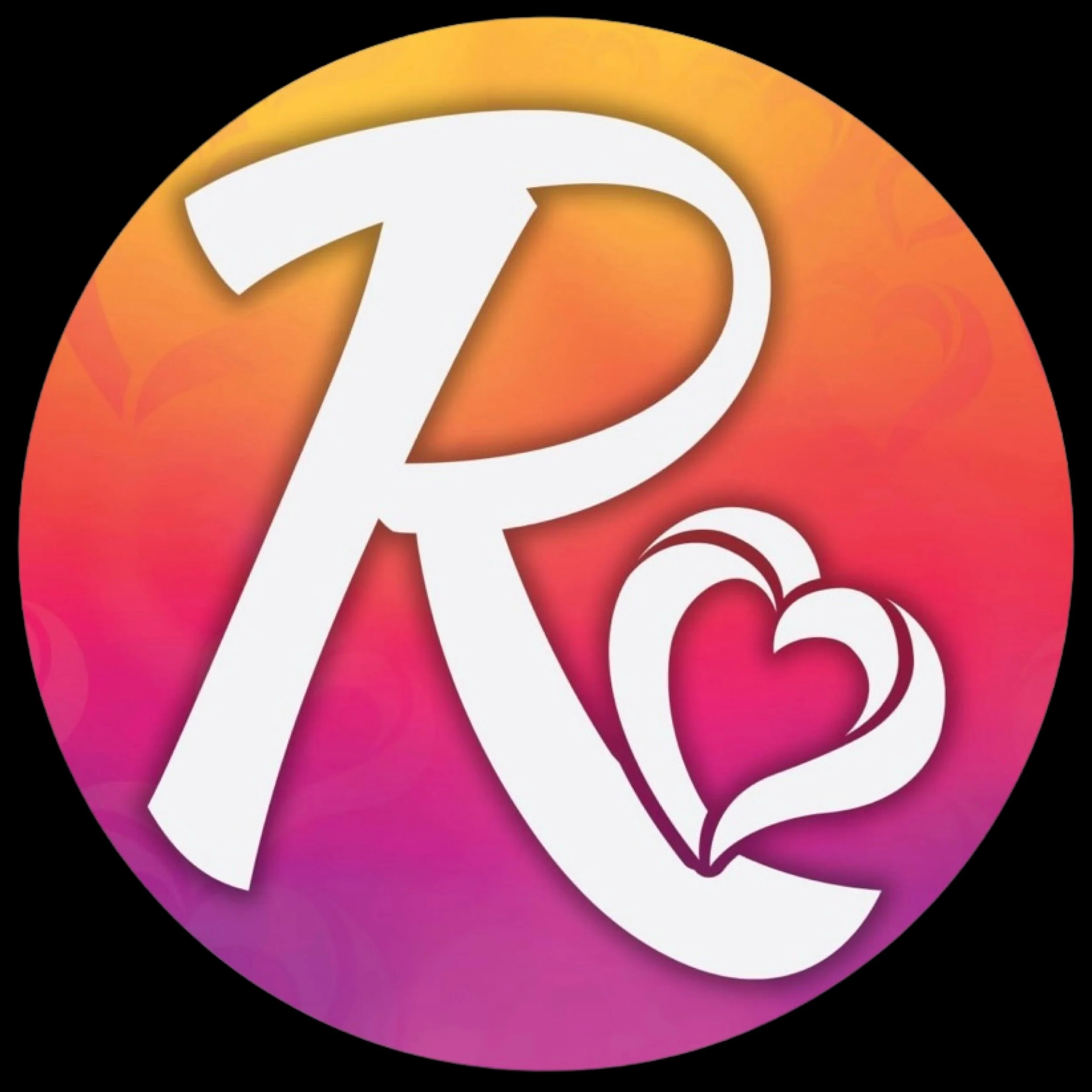Colorful circular logo with a large white letter 'R' and two intertwined hearts, set against a gradient background of orange, pink, and purple.