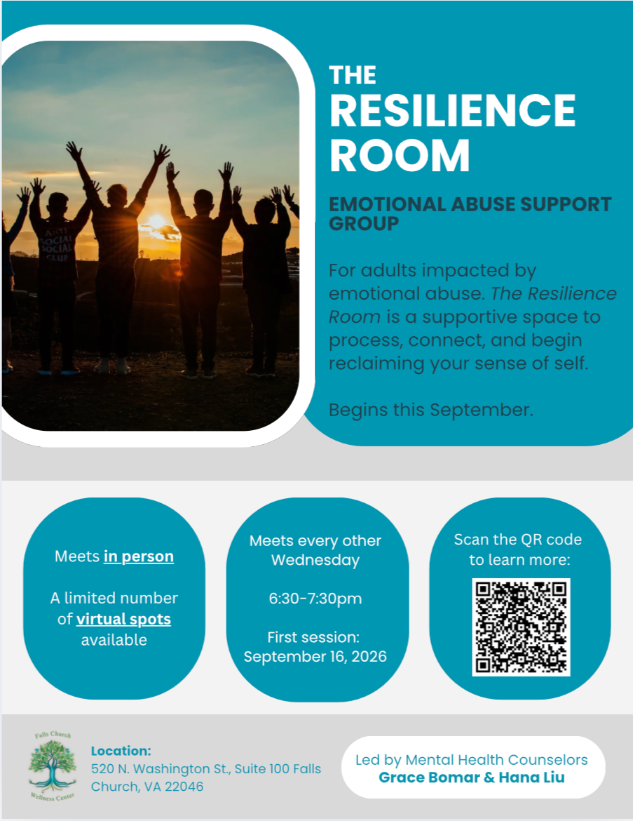 Poster promoting The Resilience Room, an emotional abuse support group, showing a silhouette of six people with raised hands at sunset. The poster details meeting times, location, and a QR code for more information.