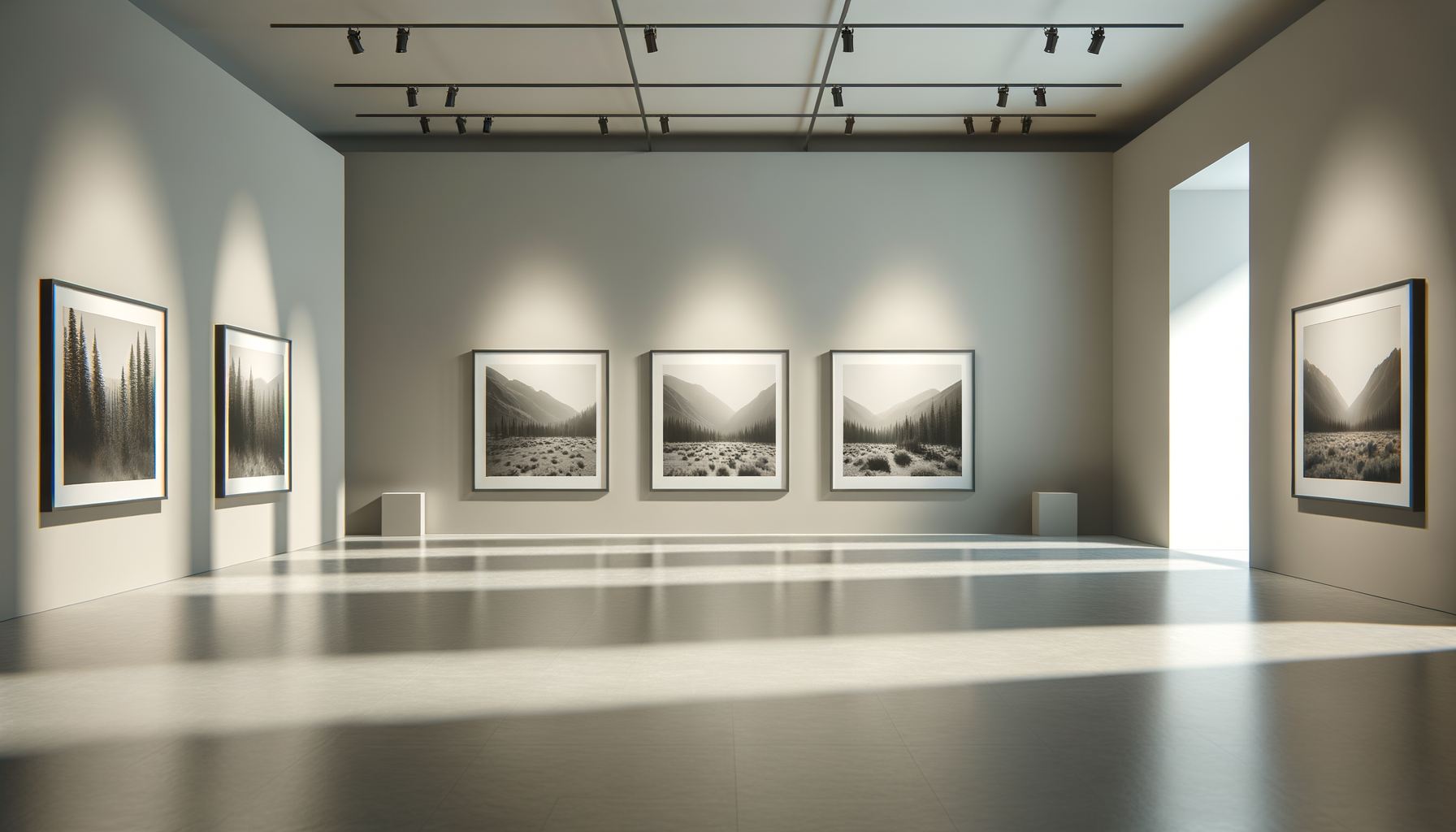 An art gallery with black-and-white landscape photographs on the walls, illuminated by ceiling lights, with sunlight shining through an open door on the right.